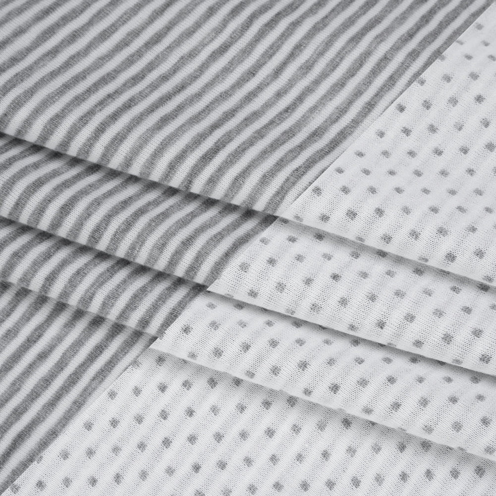 Rayon and Polyester Double Knit Jersey - Gray and White Stripes and Polka Dots - Deadstock