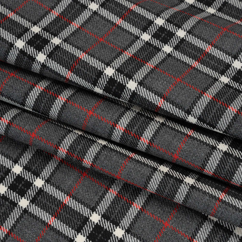 Virgin Wool Twill Made in Italy - Gray, Black and Red Classic Plaid