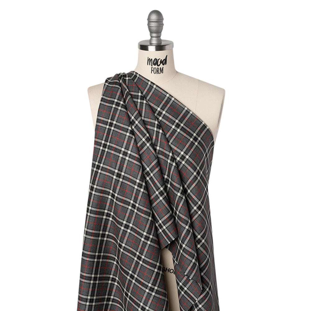 Virgin Wool Twill Made in Italy - Gray, Black and Red Classic Plaid
