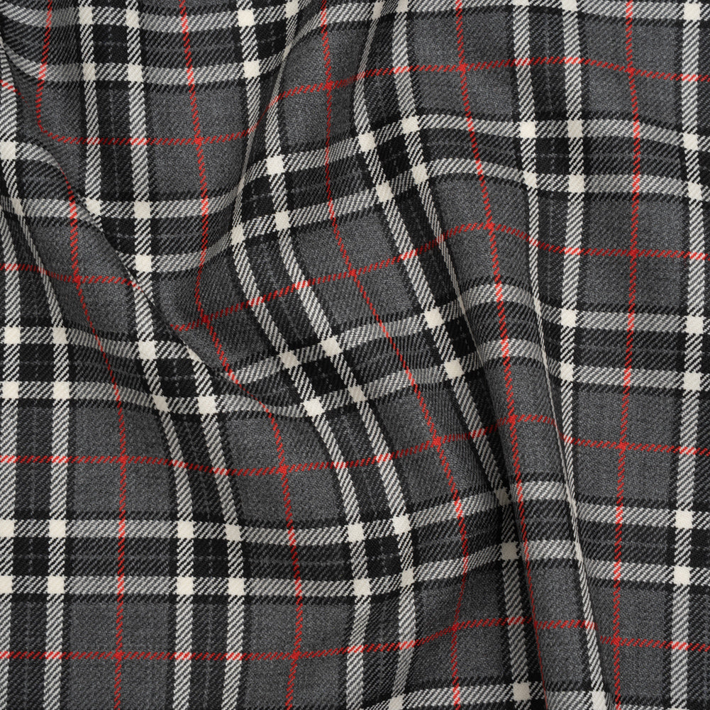 Virgin Wool Twill Made in Italy - Gray, Black and Red Classic Plaid
