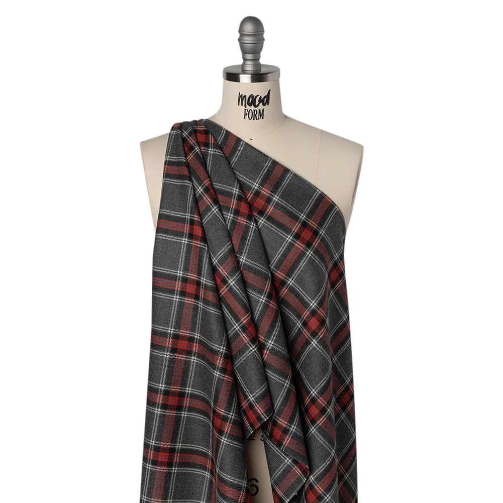 Virgin Wool Twill Made in Italy - Heathered Gray and Red Plaid