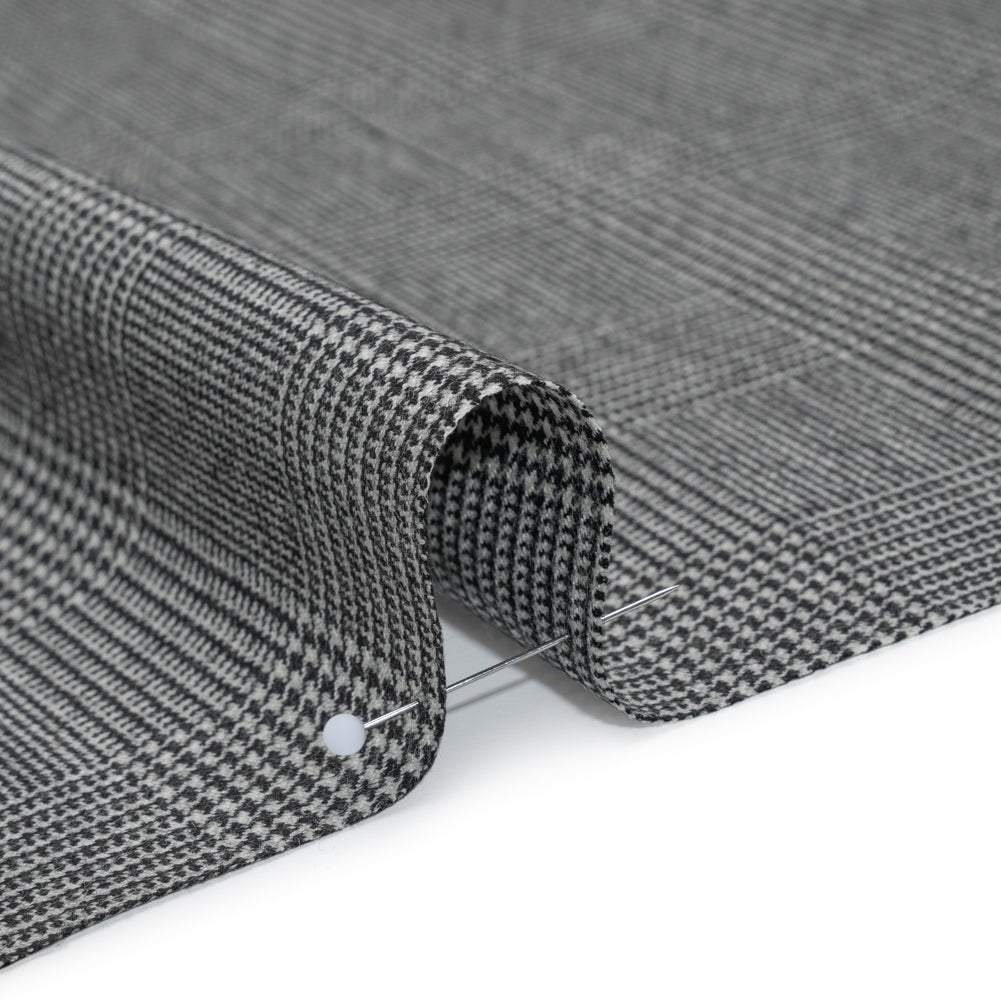Brushed Virgin Merino Wool Twill - Black and White Glen Plaid