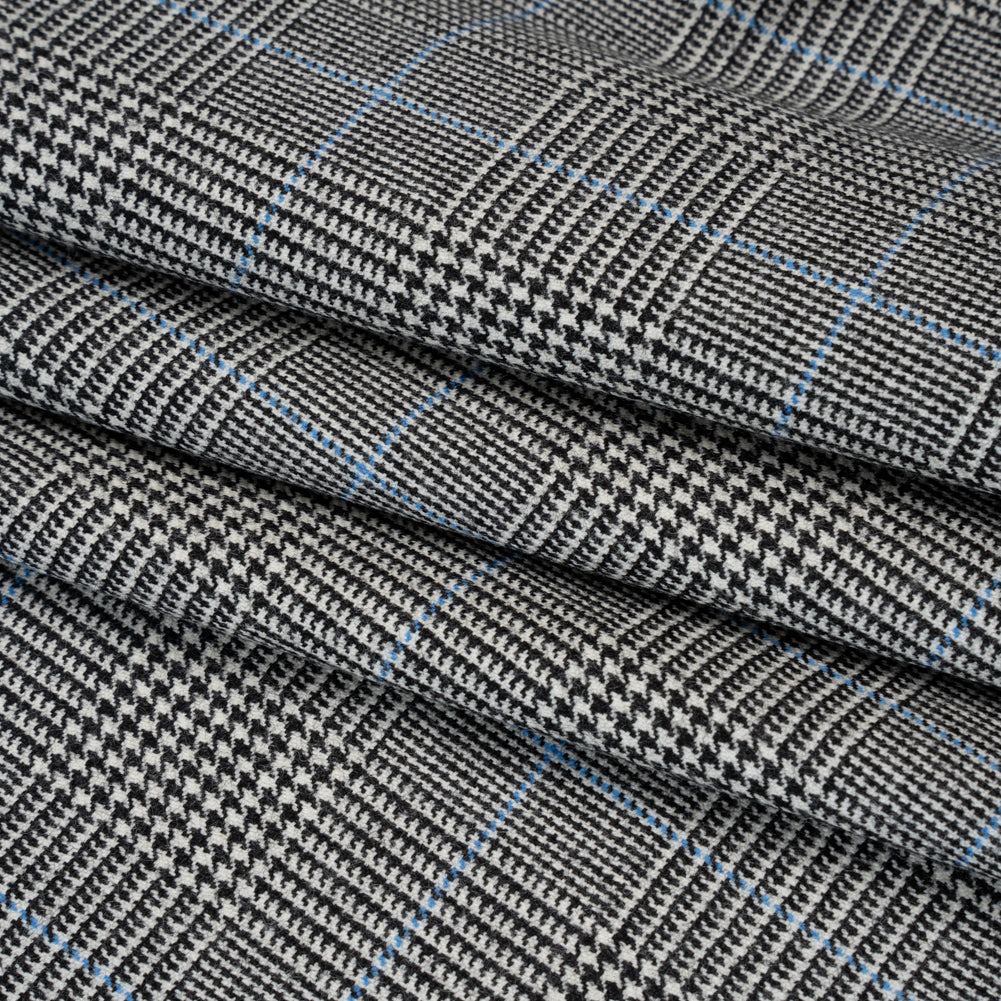Brushed Virgin Merino Wool Twill - Black, White and Sky Blue Glen Plaid