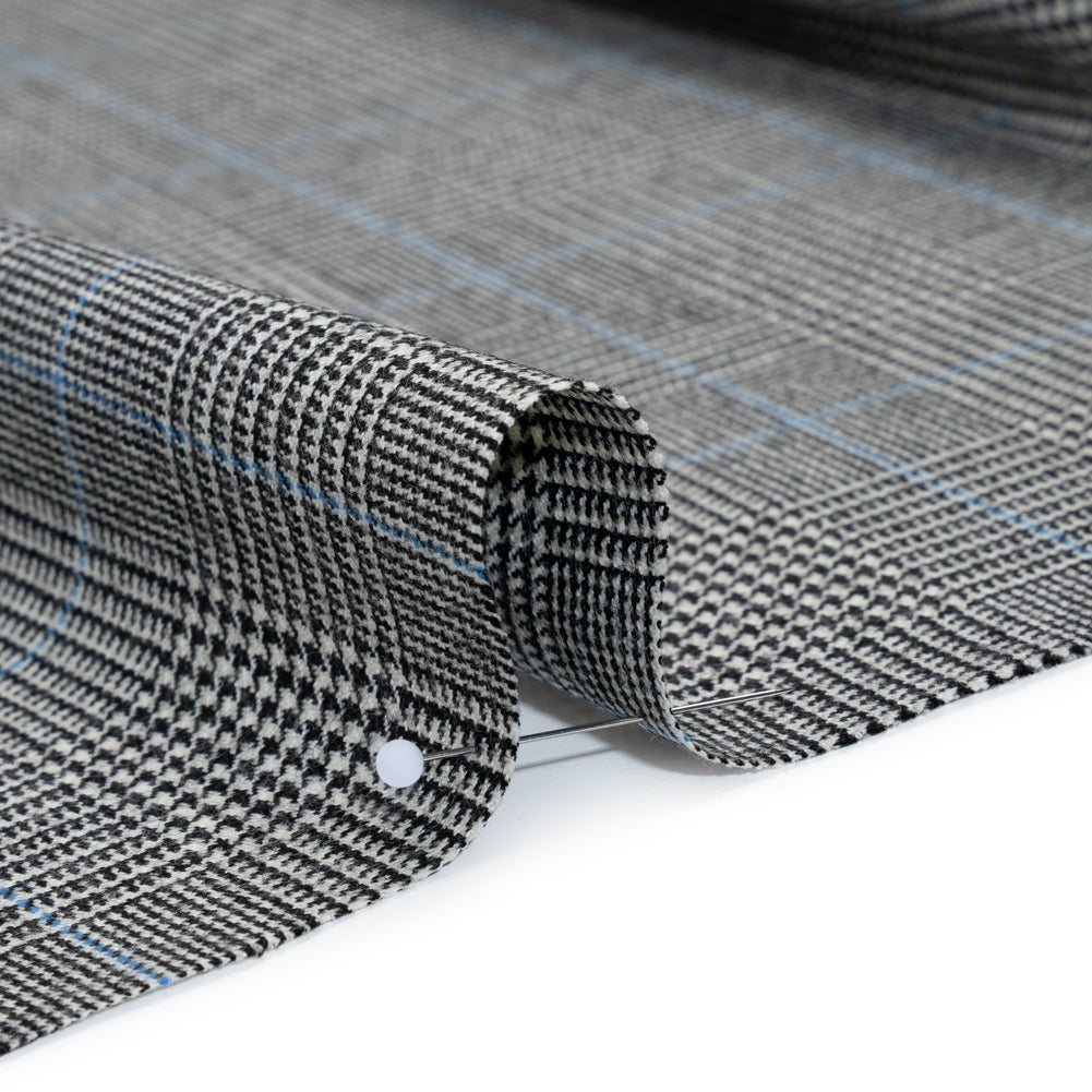 Brushed Virgin Merino Wool Twill - Black, White and Sky Blue Glen Plaid