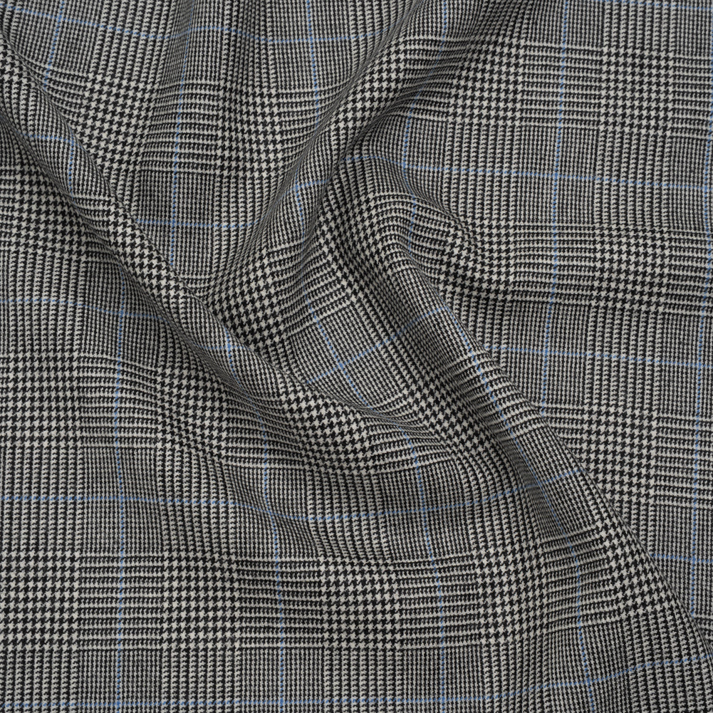 Brushed Virgin Merino Wool Twill - Black, White and Sky Blue Glen Plaid