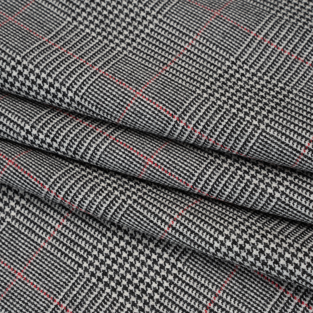 Brushed Virgin Merino Wool Twill - Black, White and Red Glen Plaid