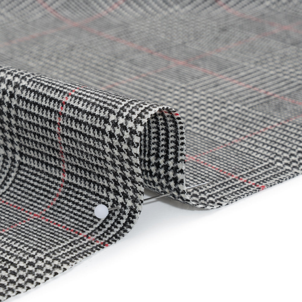 Brushed Virgin Merino Wool Twill - Black, White and Red Glen Plaid