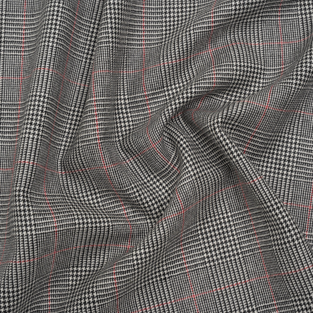 Brushed Virgin Merino Wool Twill - Black, White and Red Glen Plaid