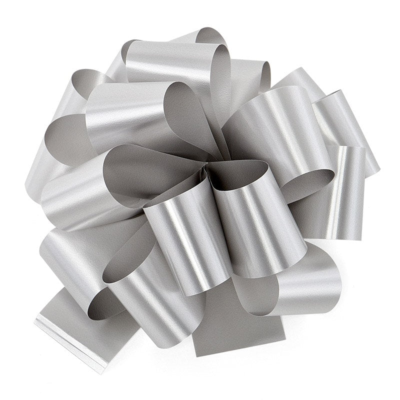 Silver Satin Finish Hank Folded Poly Bows – 1.25" x 5" (100 Pieces per Case)