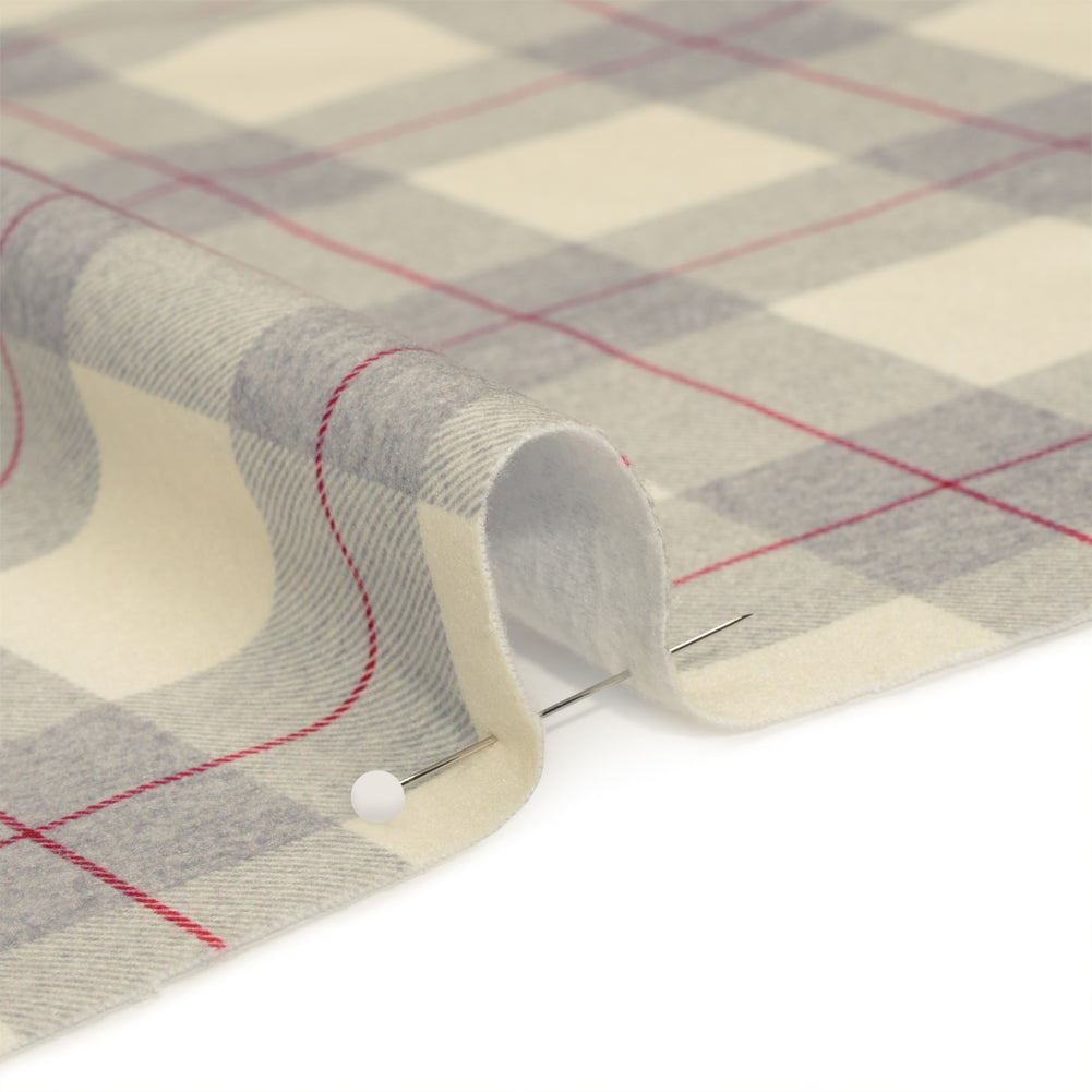 Brushed Recycled Polyester Jersey - Cream, Gray and Red Twill Plaid - Deadstock