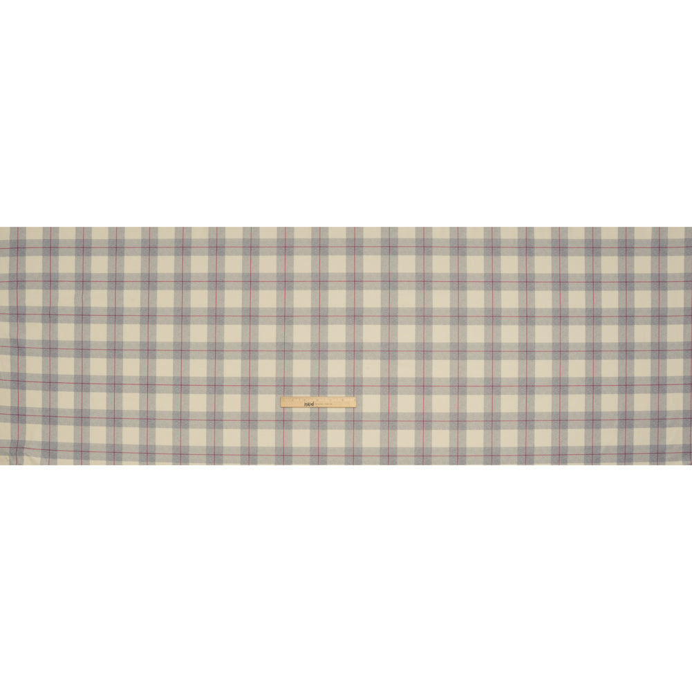 Brushed Recycled Polyester Jersey - Cream, Gray and Red Twill Plaid - Deadstock