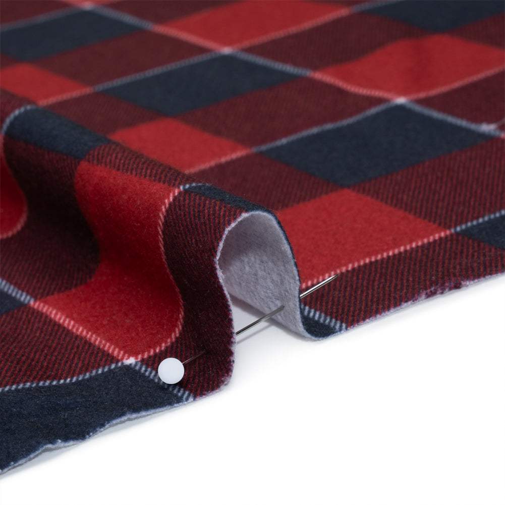 Brushed Recycled Polyester Jersey - Red and Navy Blue Twill Plaid - Deadstock