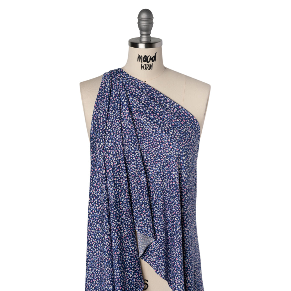 Stretch Polyester ITY Jersey - Blue, Periwinkle and Pink Explosion of Hearts - Deadstock