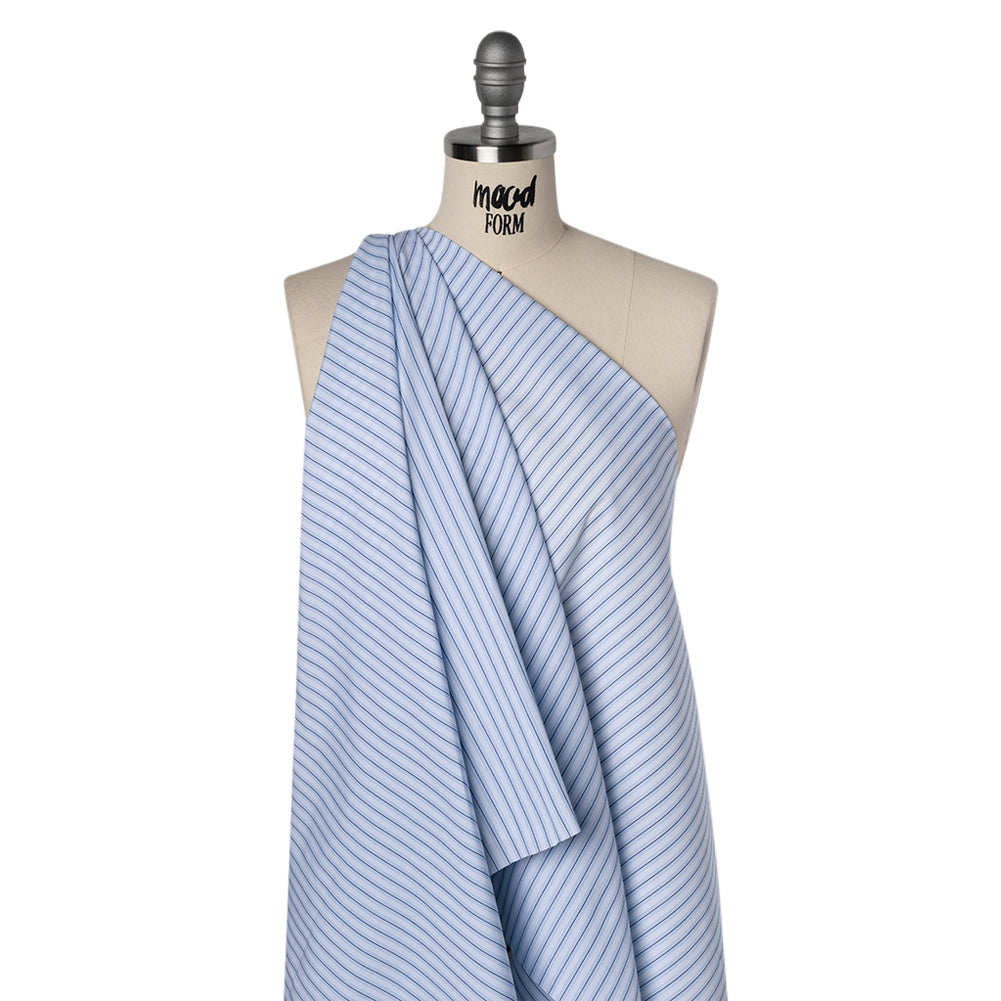 Cotton Poplin Shirting - Sky Blue, Black and White Stripes - Deadstock
