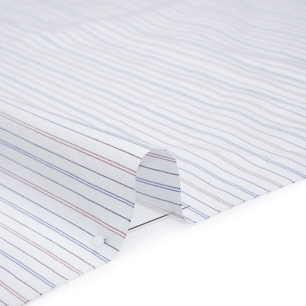 Cotton Herringbone Twill Shirting - White, Blue and Red Pinstripes - Deadstock