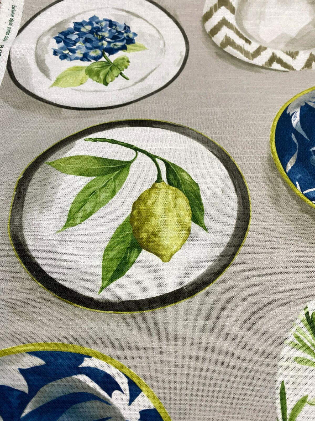 Capri Platos Lemons Birds Plates Spain Cotton Canvas Fabric - Gray Navy Blue Green Beige White Birds Plates Lemons, 56" Width (1 Yard)