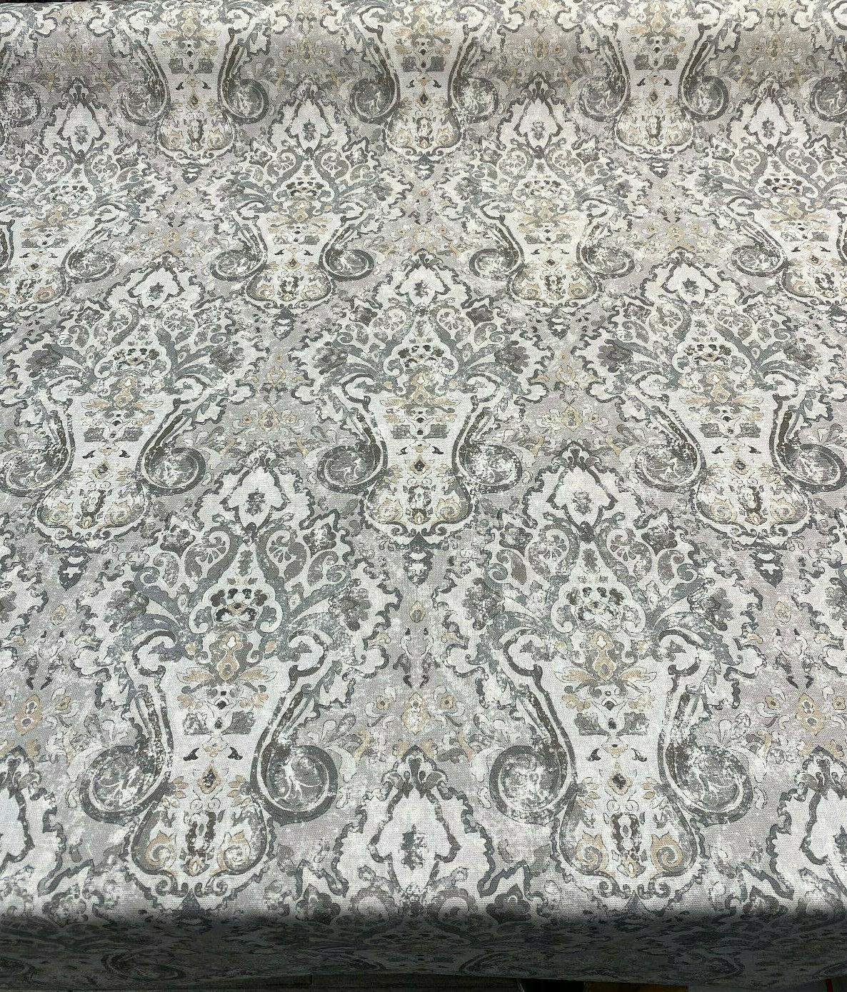 Mazely Damask Ancient Gray Cotton Fabric - Damask, Gray, 56" Width (1 Yard)