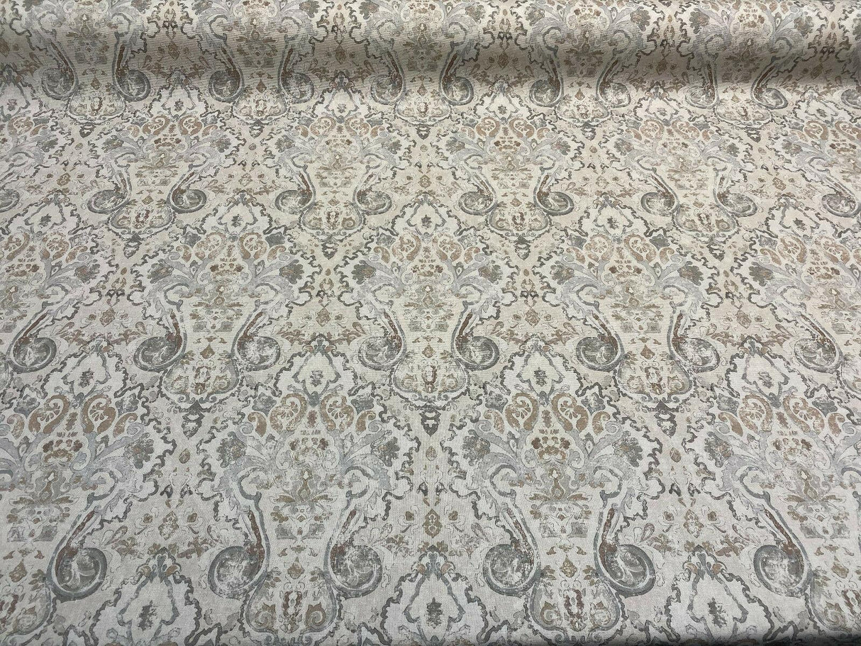 Mazely Damask Ancient Creamy Beige Cotton Fabric - Ancient Damask, Off White Cream Beige With Blue And Taupe, 56" Width (1 Yard)