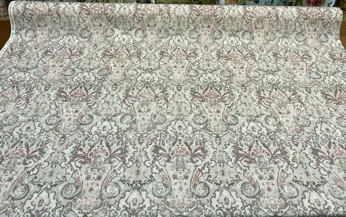 Mazely Damask Ancient Pinkish Cotton Fabric - Digital Print, Off White Cream Light Pink Purple Shade, Gray, 56" Width (1 Yard)