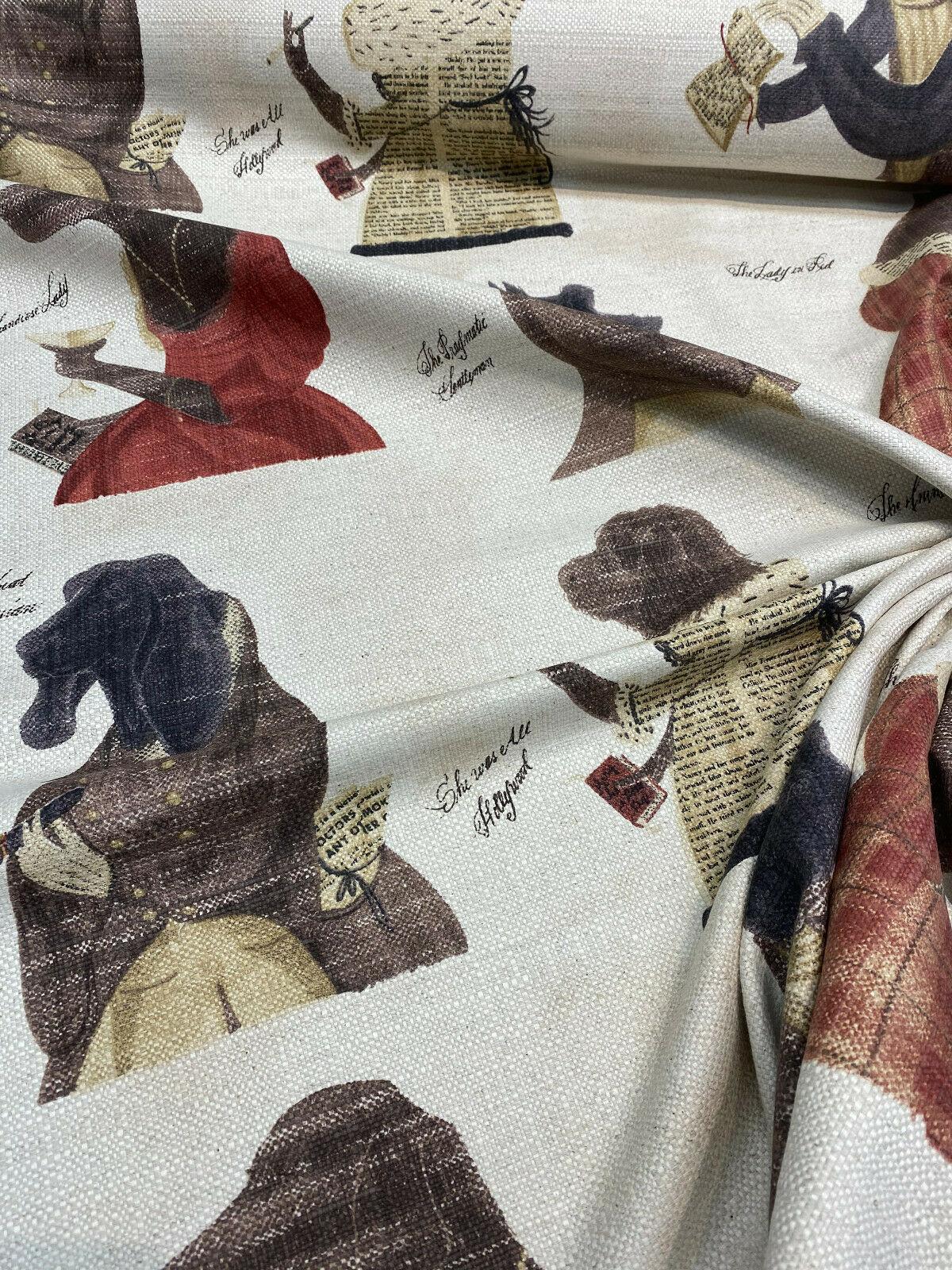 Fancy Nautical Dogs Linen Blend Fabric - Whimsical Dog Print, Black Red Brown Ivory, 56" Width (1 Yard)