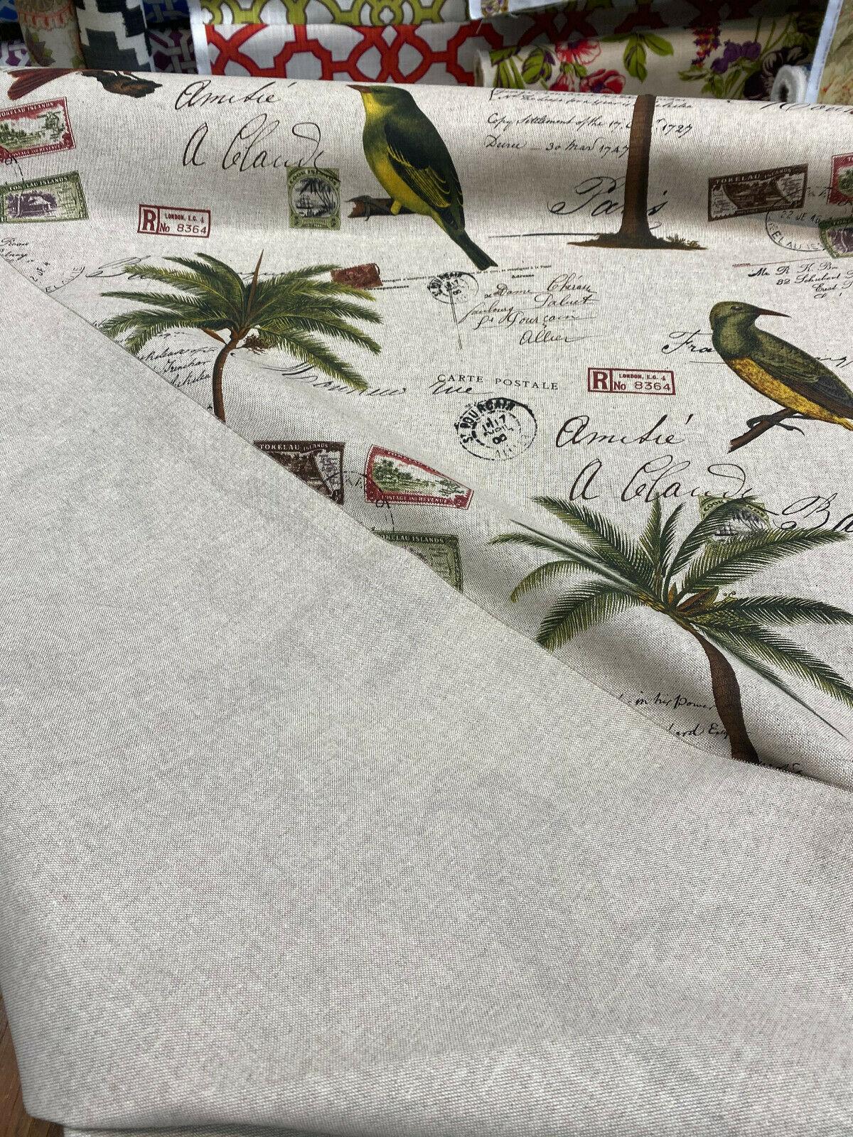 Amitie Song Birds Cotton Polyester Fabric - Red Green Palm Tree, Linen Color Background, 56" Width, 24.5" Vertical Repeat, 27" Horizontal Repeat (1 Yard)
