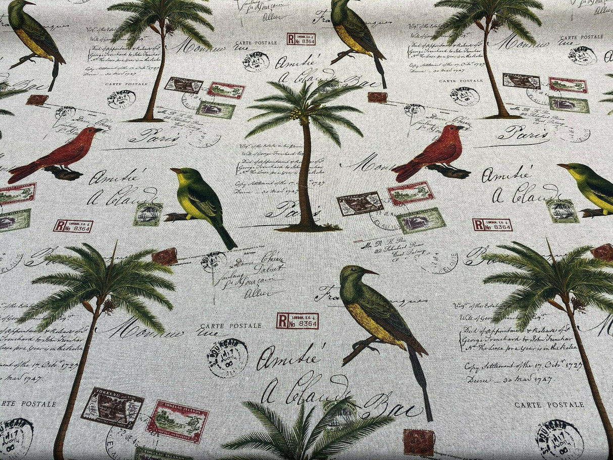 Amitie Song Birds Cotton Polyester Fabric - Red Green Palm Tree, Linen Color Background, 56" Width, 24.5" Vertical Repeat, 27" Horizontal Repeat (1 Yard)