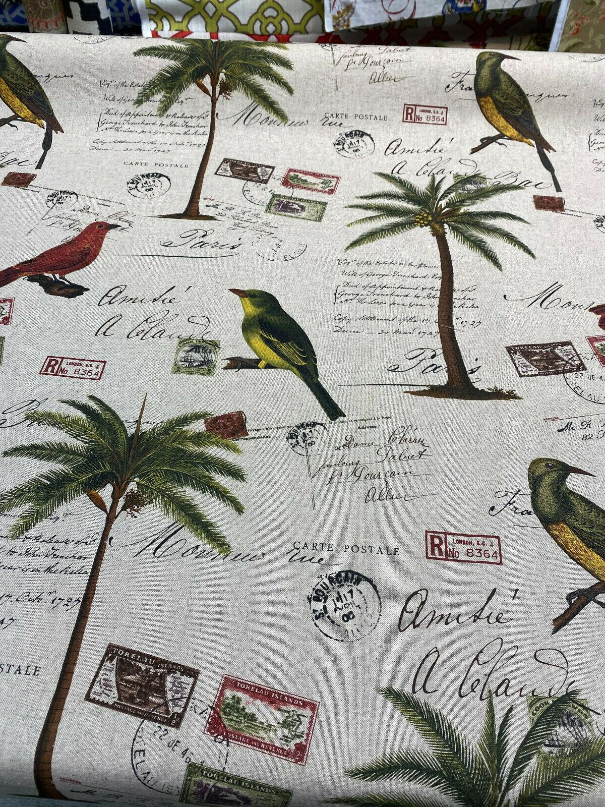 Amitie Song Birds Cotton Polyester Fabric - Red Green Palm Tree, Linen Color Background, 56" Width, 24.5" Vertical Repeat, 27" Horizontal Repeat (1 Yard)