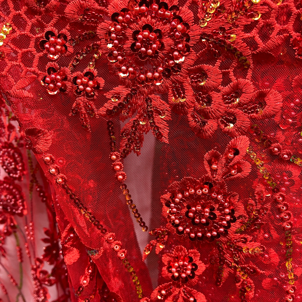 Beaded And Sequined Floral Sparkling Lace Fabric - Rust, Red, Purple Floral Embroidered, 53" Wide (1 Yard)