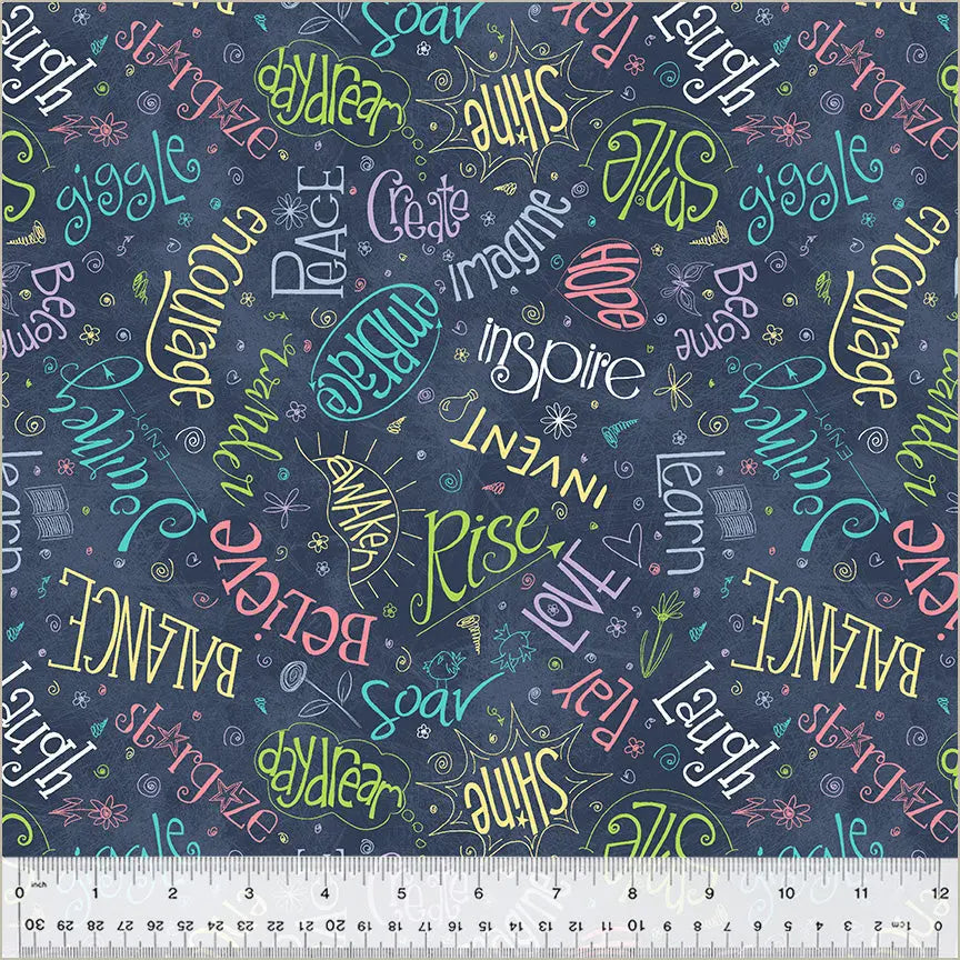 Cotton Print Fabric Blue Navy Noteworthy Aspirations 44/45"