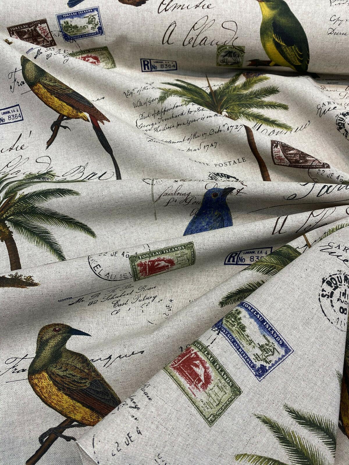 Amitie Song Birds Cotton Polyester Fabric - Blue Green Palm Trees, Linen Background, 56" Width (1 Yard)
