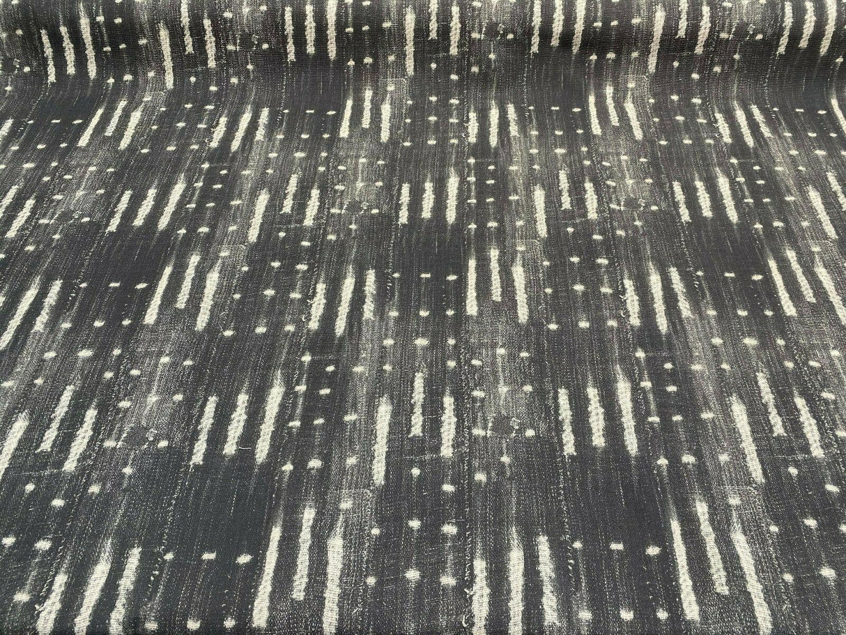 Black Noir Sikasso Painting Cotton Fabric - Black, White Lines, 56" Width (By The Yard)