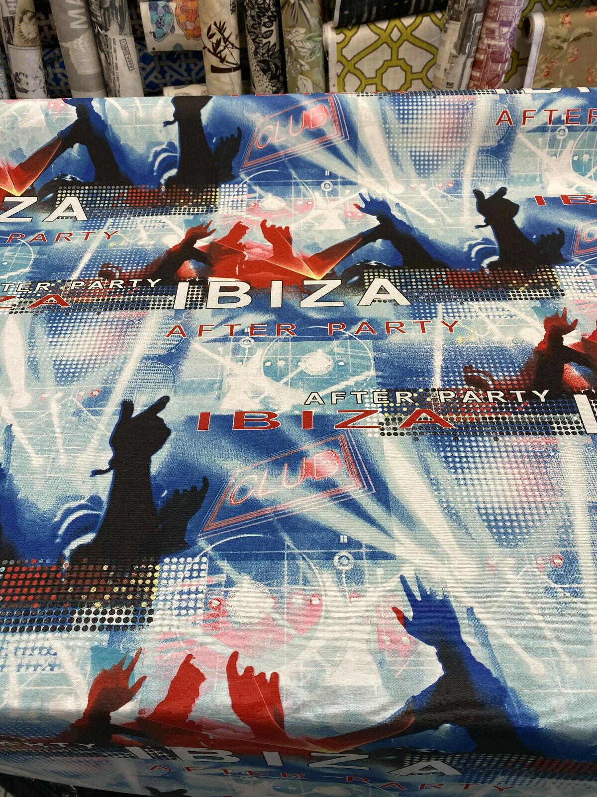 Ibiza Party Night Club Cotton Fabric - Red, Black, Dark Blue, Light Blue, White Print, 54" Width (1 Yard)