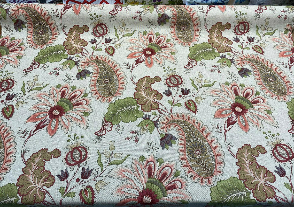 Brenda Rustic Floral Paisley Cotton Blend Fabric - Dark Beige Linen Background With Maroon Red, Pink, Green, Lavender, 56" Width (1 Yard)