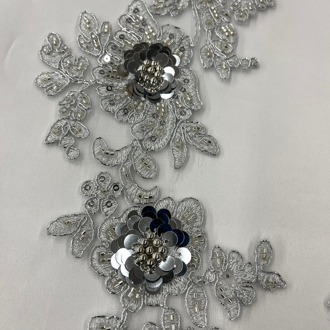 1 Pair 14" x 3" Beaded & Corded Floral 3D Lace Applique Embroidered on 100% Polyester Net Mesh