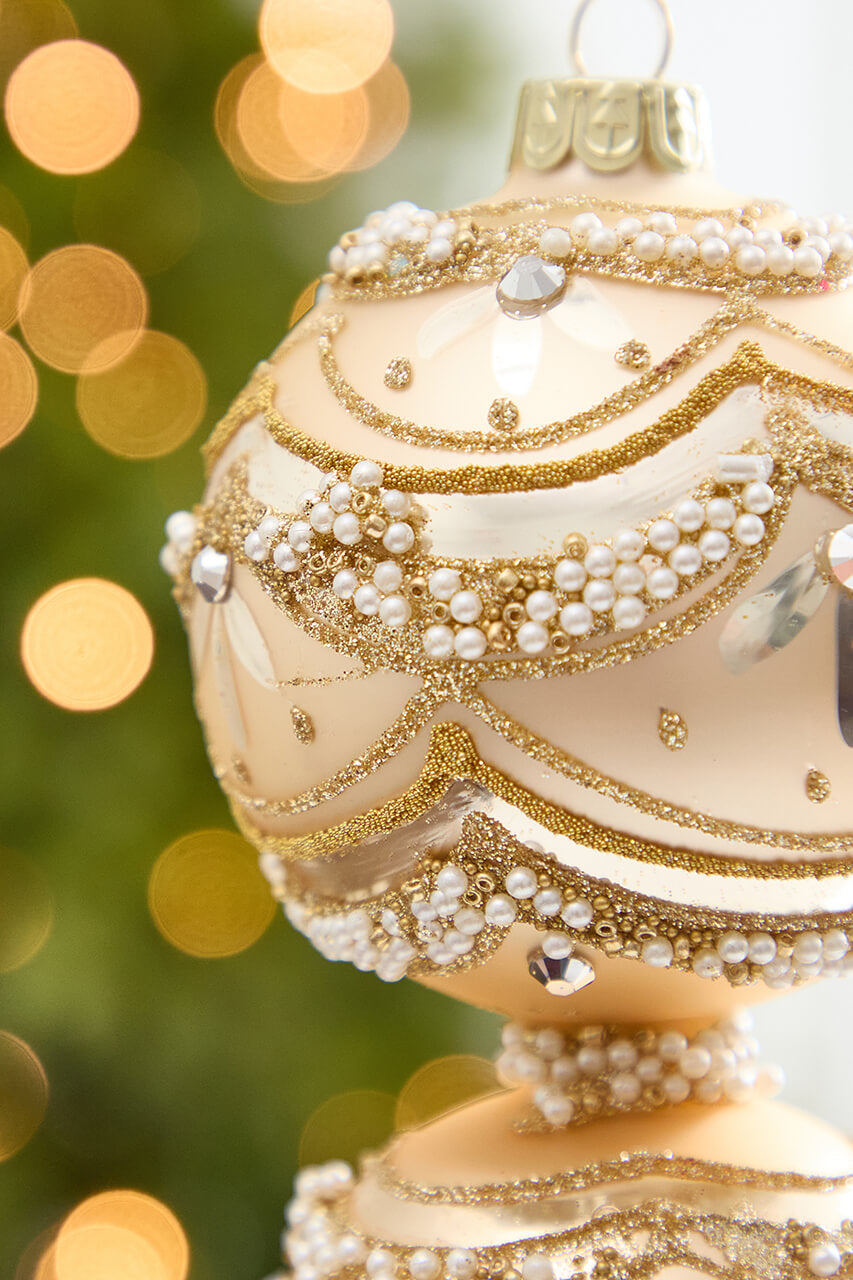 11" Champagne & Pearl Trimmed Finial Glass Ornament