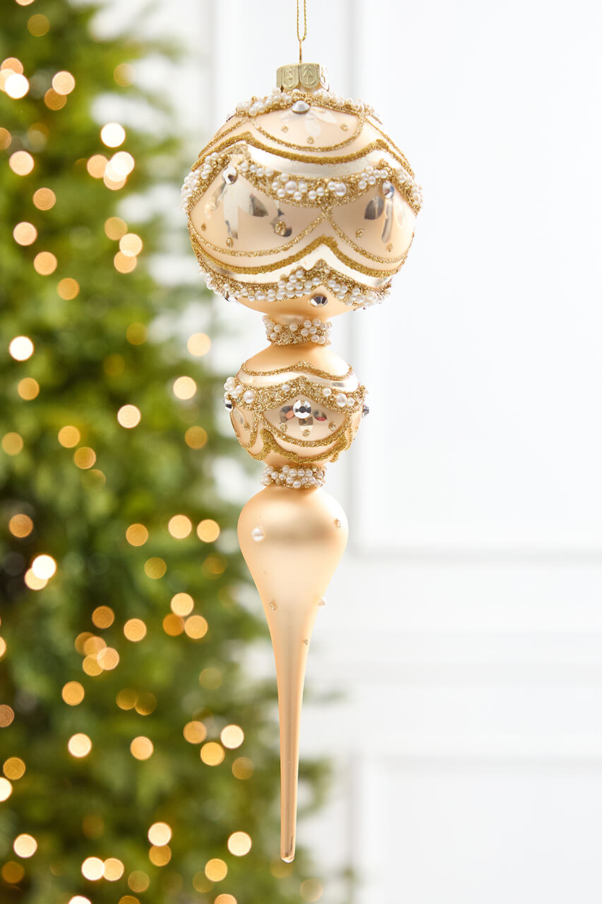 11" Champagne & Pearl Trimmed Finial Glass Ornament