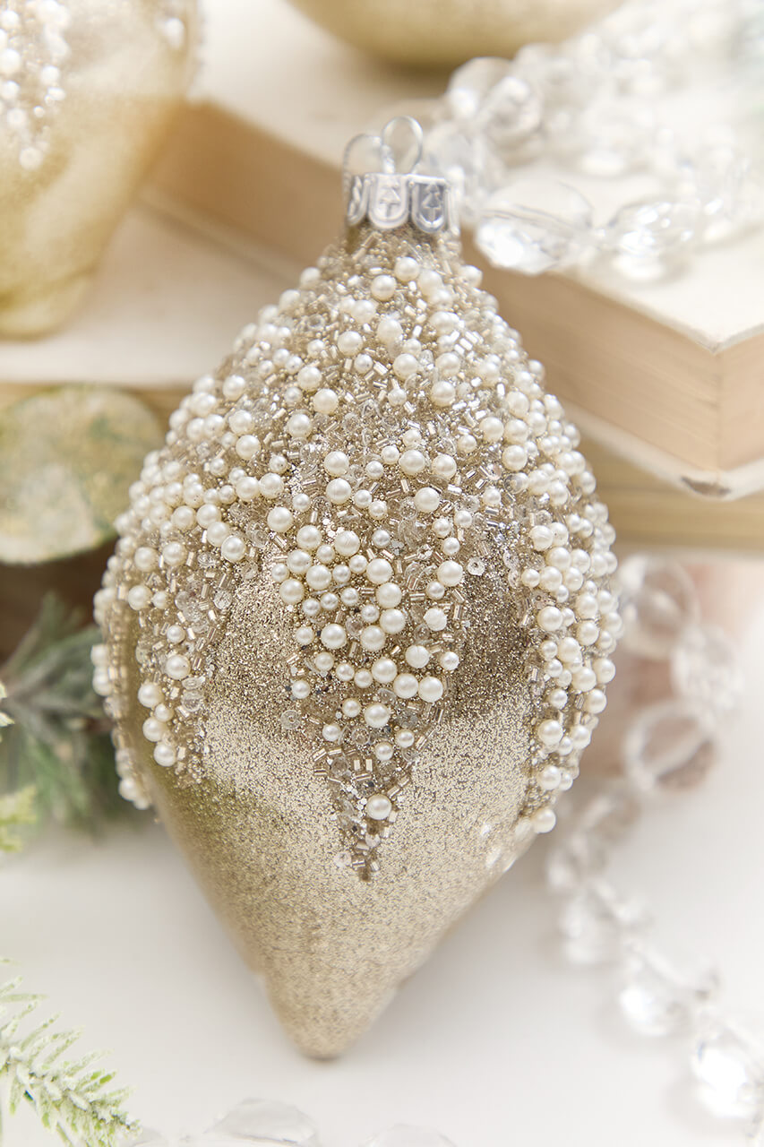 4" - 6" Taupe & Pearl Beaded Glass Ornament