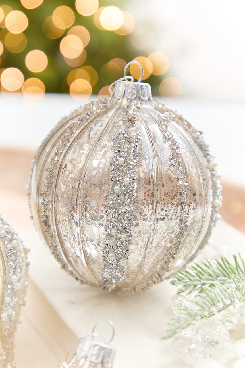 4" - 6" Platinum Mercury Glass Glitter Stripe Ornament