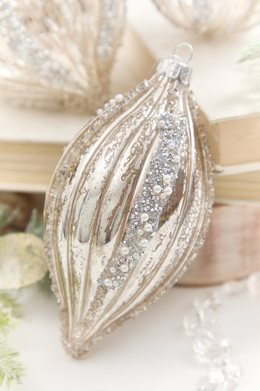 4" - 6" Platinum Mercury Glass Glitter Stripe Ornament