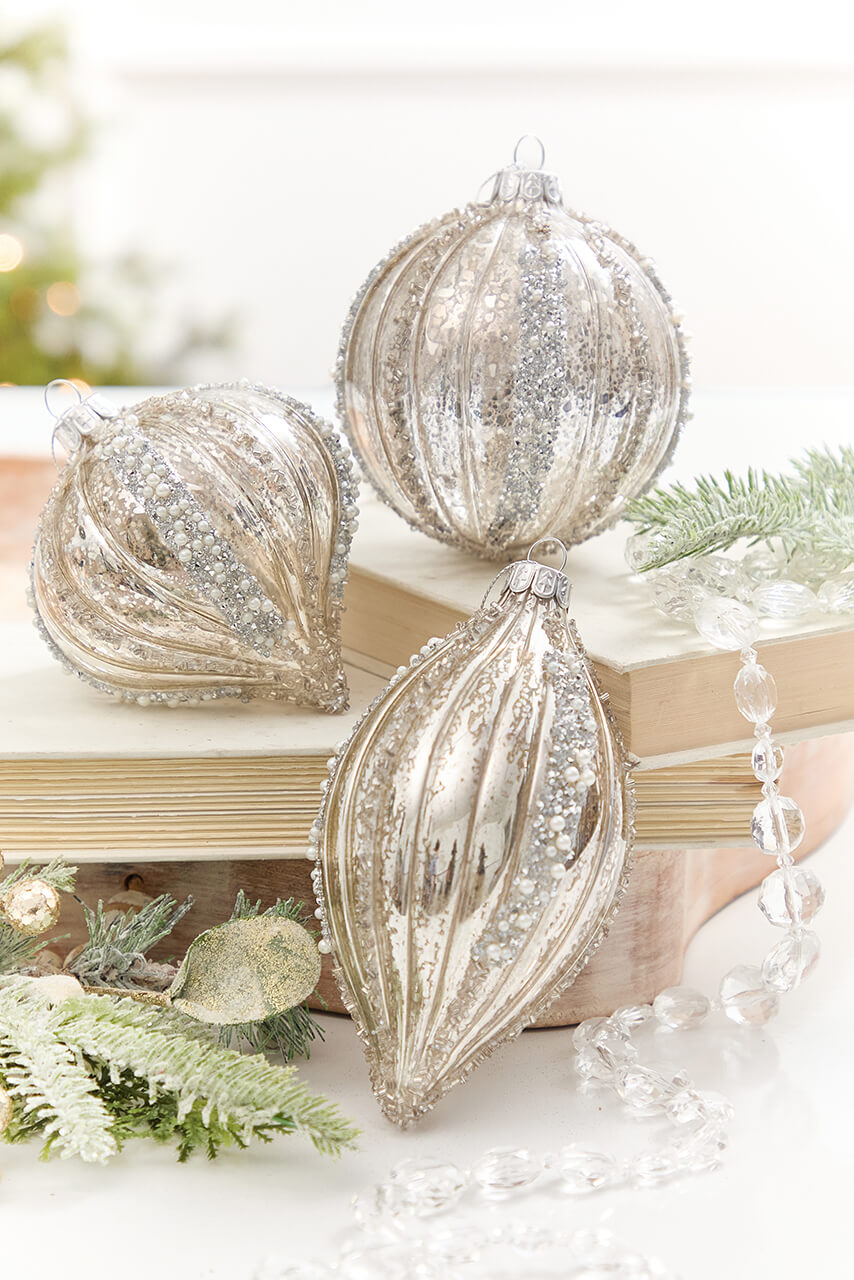 4" - 6" Platinum Mercury Glass Glitter Stripe Ornament