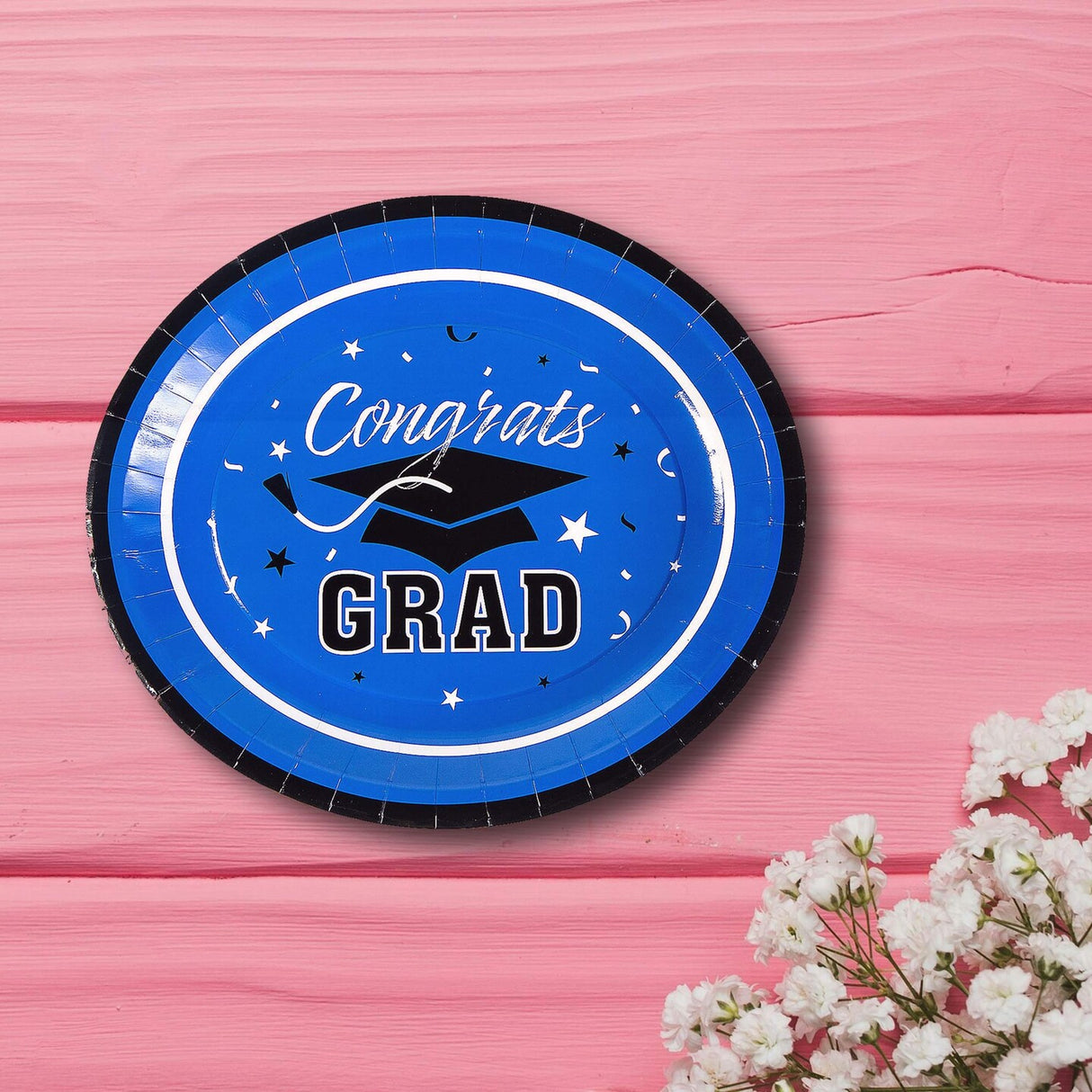 25 Count Betallic Congrats Graduation Party Blue School Colors Paper Banquet Plates Disposable Dinner Plates 11 3/4" x 10"