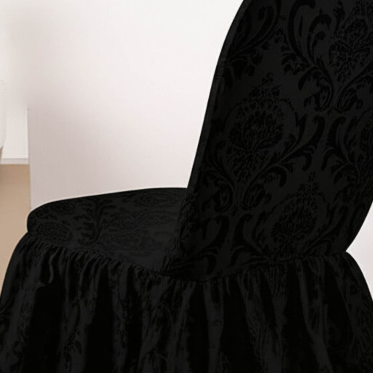 1 Piece Black Floral Damask Jacquard Polyester Banquet Skirt Chair Cover for Elegant Events