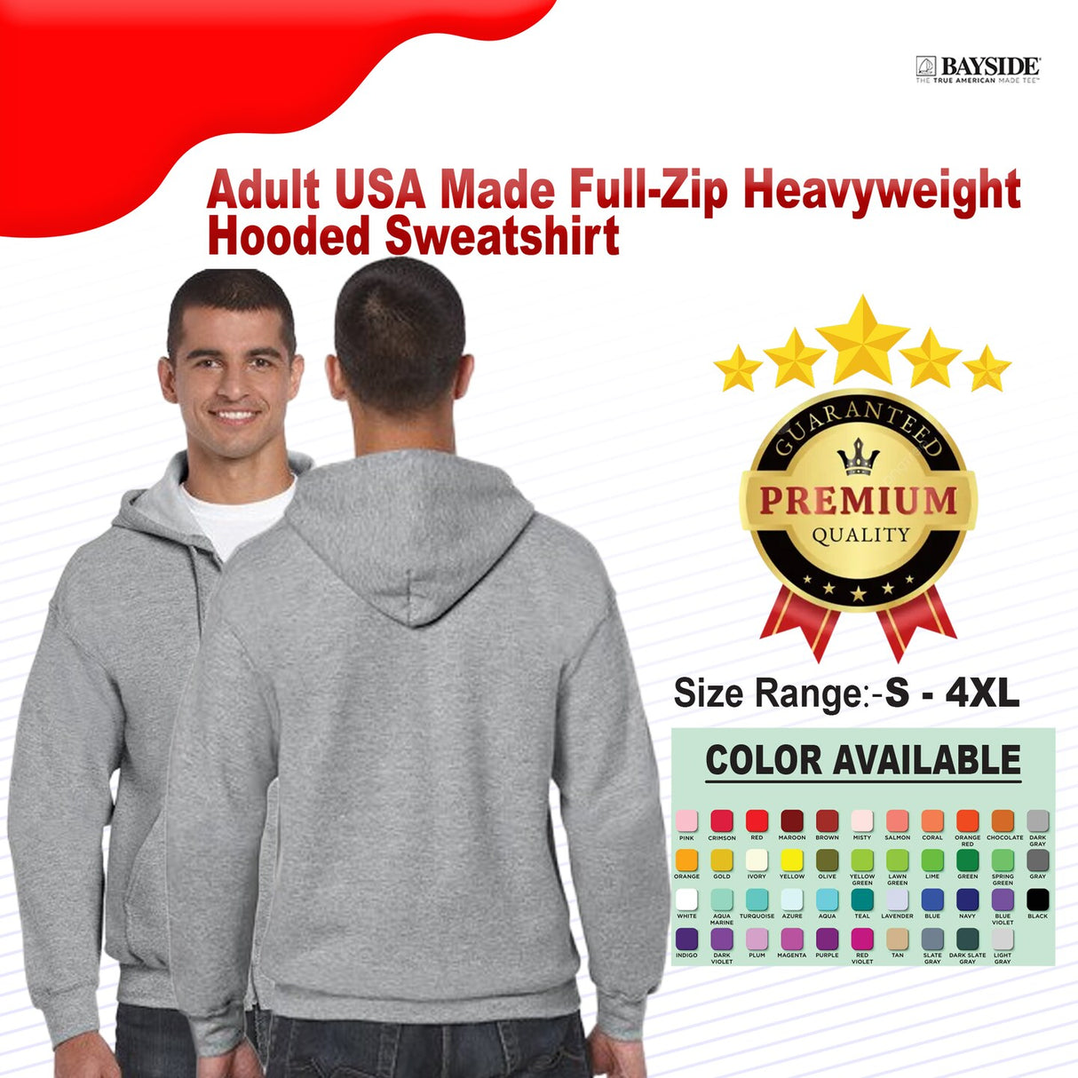 Bayside® Adult USA Made Full-Zip Heavyweight Hooded Sweatshirt