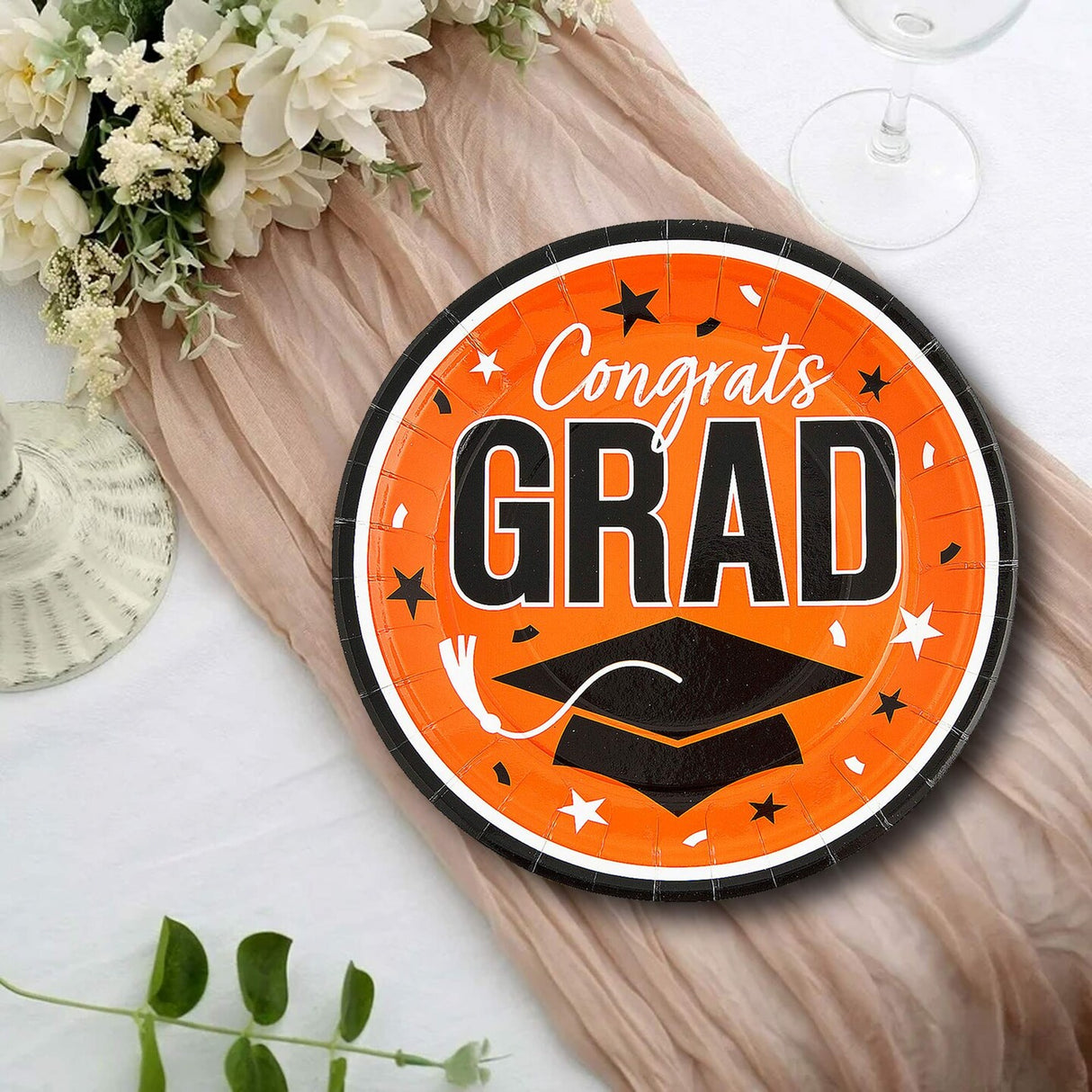 25 Count Orange Congrats Grad Round Paper Plates 9 Inch for Graduation Party Dining