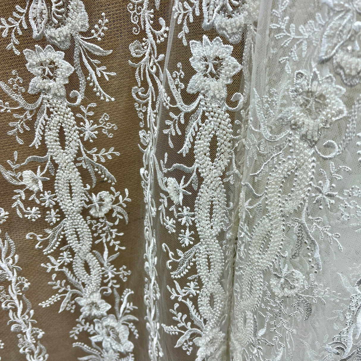 1 Yard Elegant Beaded Lace Fabric with Floral & Sequin Embroidery on Polyester Net Mesh Couture Quality 51" Wide