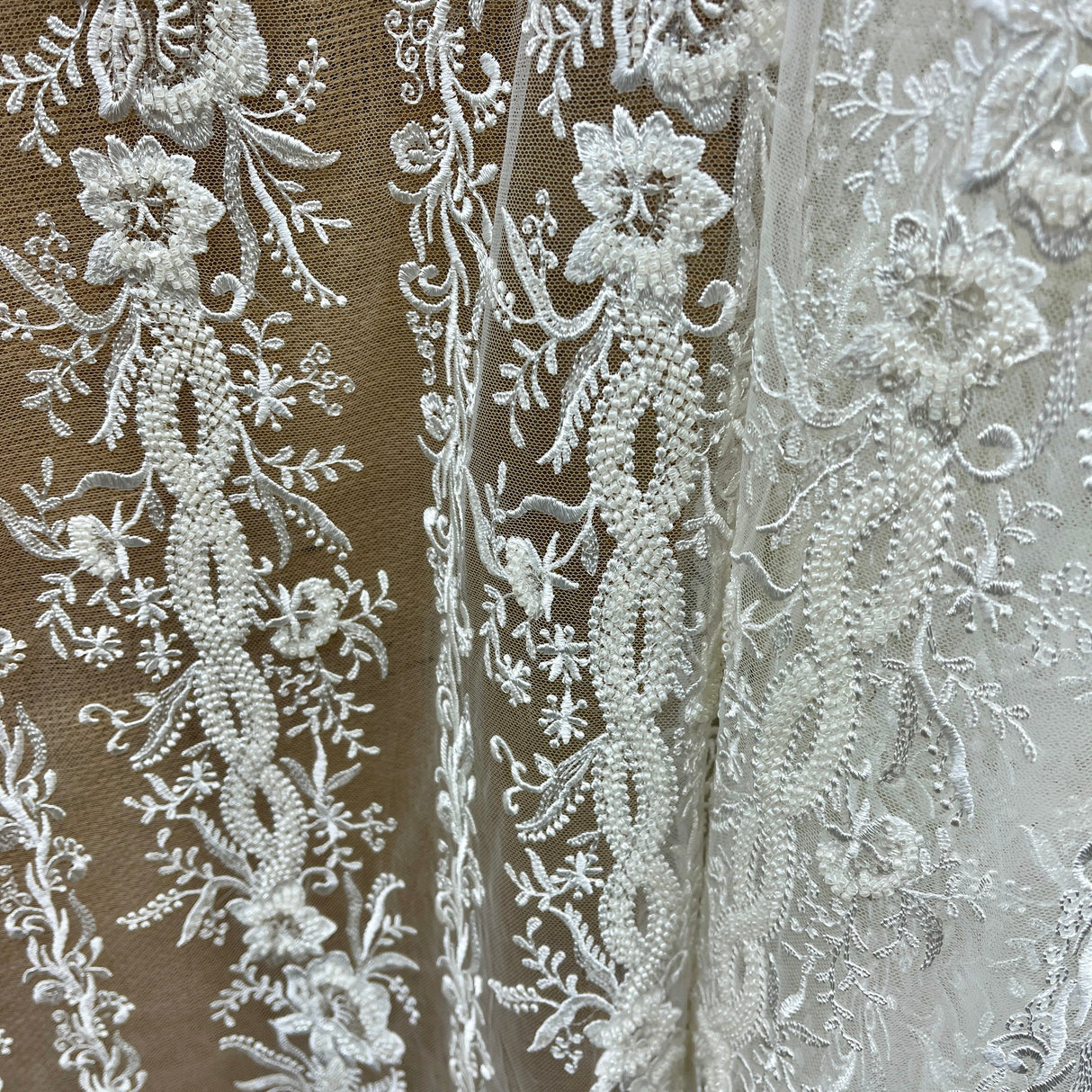 Beaded Lace Fabric Embroidered on 100% Polyester Net Mesh, Ivory, 51" Wide