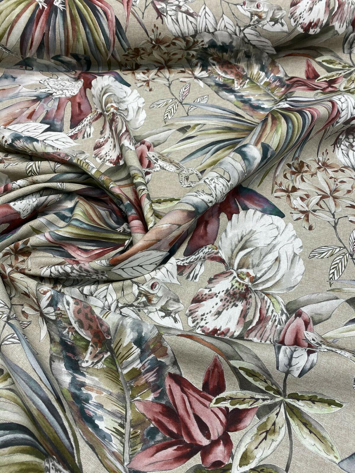 Ainara Frogs Leaves Rainforest Cotton Fabric - Taupe Background, Red Green And Wonder Blue Flowers, Frogs, 56" Width (1 Yard)