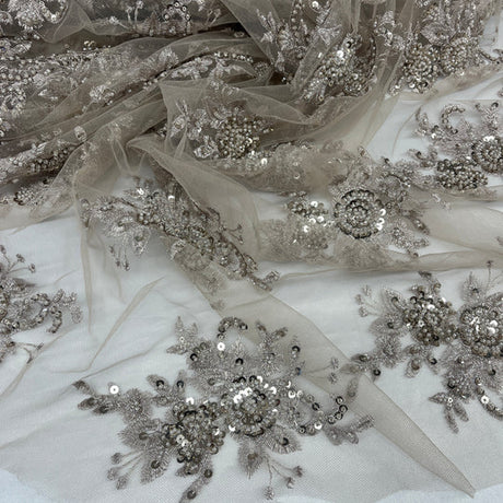 1 Yard Stunning Beaded Lace Fabric Embroidered on 100% Polyester Net Mesh