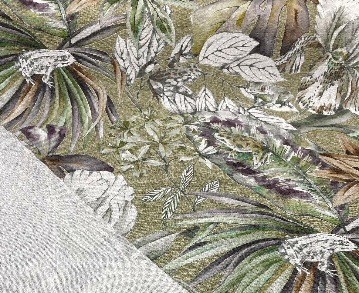 Ainara Frogs Leaves Cotton Fabric - Green Moss, Purple And Green Floral Frog Print, 56" Width (1 Yard)