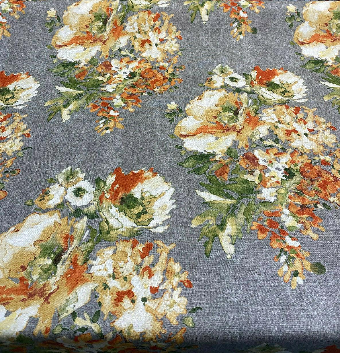 Rite Of Spring Flowers Apricot Fabric - Orange Green Gold Ivory Floral Print, 54" Width (1 Yard)
